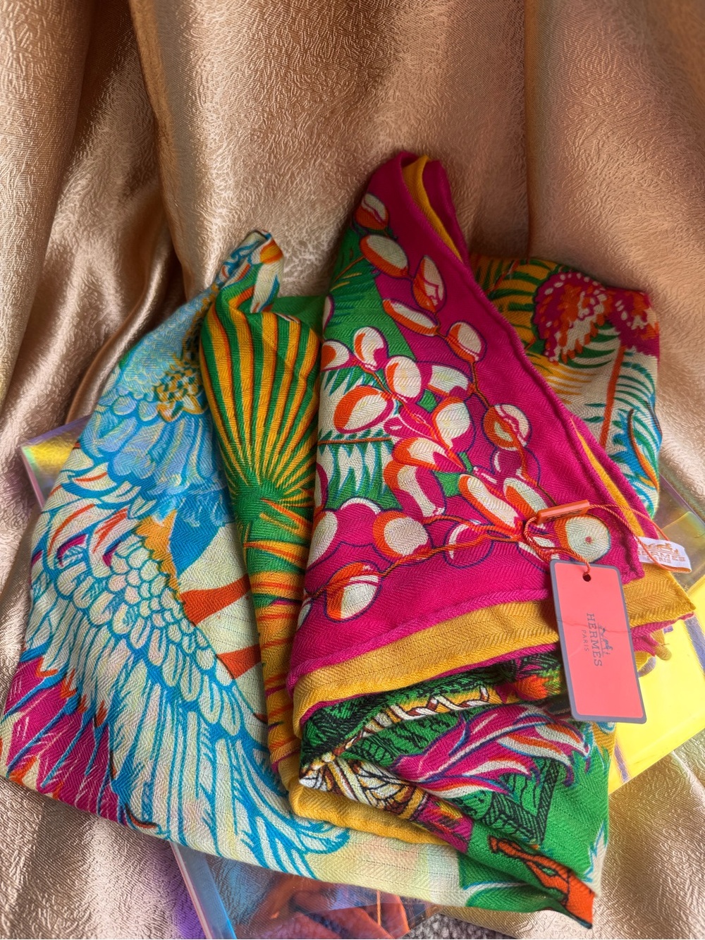 Tropical patterned silk scarf
